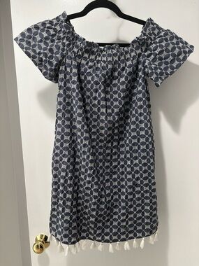 Chelsea28 Navy and White Off-Shoulder Mini Dress with Tassel Hem